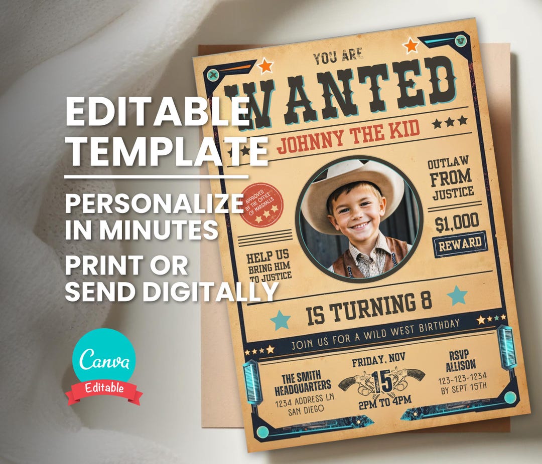 Wanted Poster Invitation, Western Cowboy Birthday Party Photo Invite ...