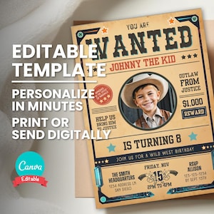 Wanted Poster Invitation, Western Cowboy Birthday Party Photo Invite, Editable Template, Printable Bday Card, Digital Evite Instant Download