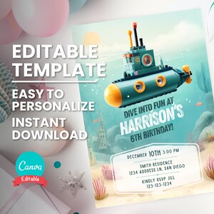 Underwater Submarine Party Invite for Kid Submarine Building Block Birthday Invitation for Boy Building Brick Submarine Party Digital Invite