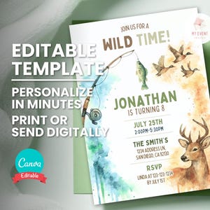Convite de aniversário de pesca e caça, convite para festa de aniversário em bosques ao ar livre, modelo editável, convite digital, cartão para impressão, download instantâneo