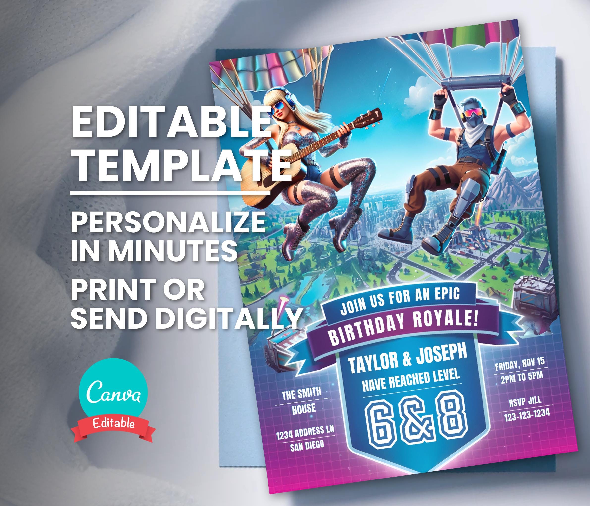 Twin Gamer Birthday Invitation, Boy Girl Video Game Bday Party Invite ...