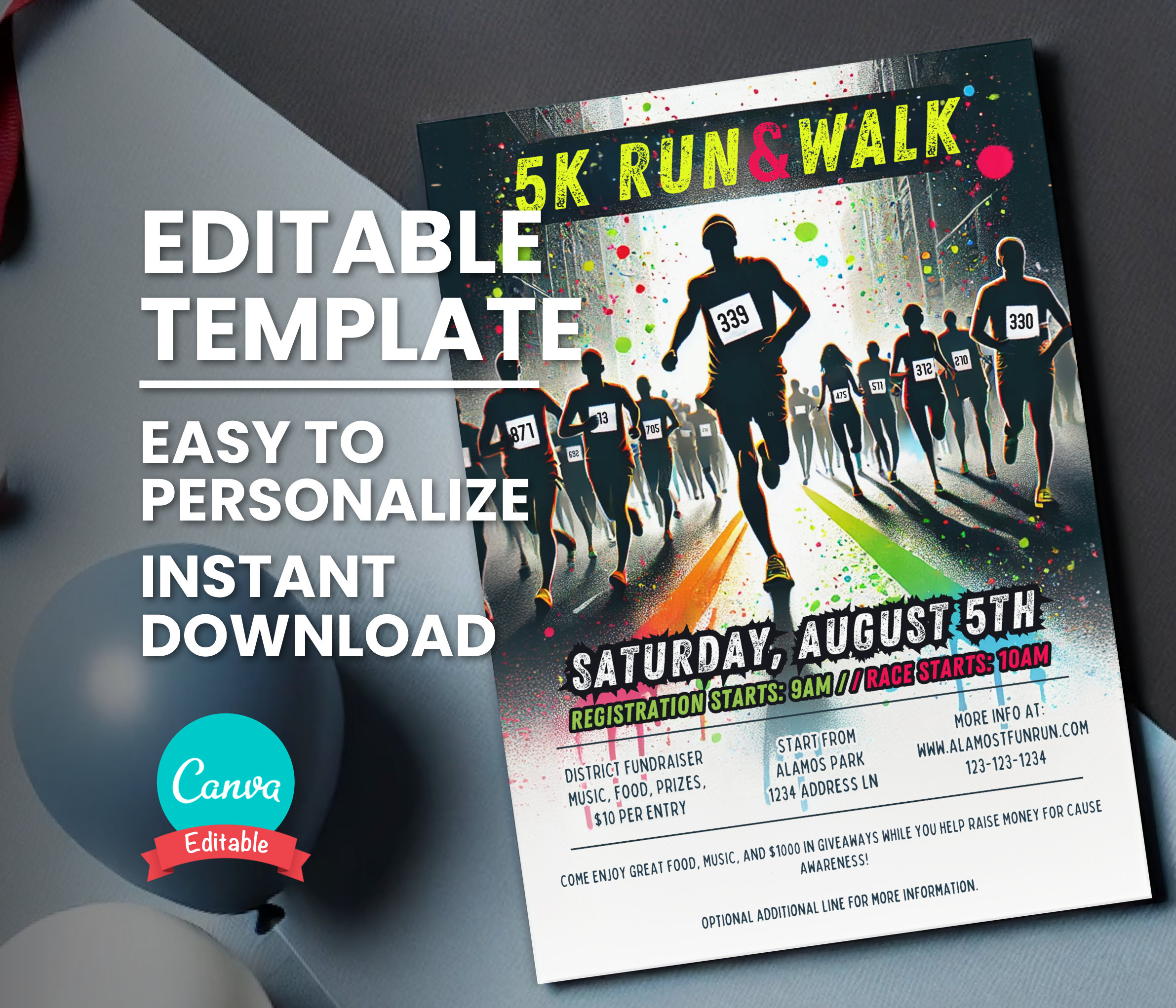 Running Invitation Background Fun Run Flyer for 5K 10K Color Run or Neighborhood Race Event ...
