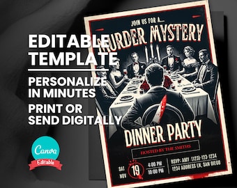 Murder Mystery Invitation, Vintage Murder Mystery Party Invite, Editable Template, Printable Card, Digital Electronic Evite Instant Download