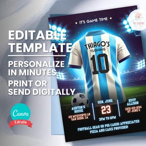 Invitación de cumpleaños de fútbol, camiseta de fútbol para cualquier edad, invitación de fiesta de cumpleaños de fútbol para niños, plantilla digital editable, tarjeta imprimible, descarga instantánea
