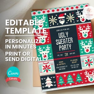 Uitnodiging kerstfeest, uitnodigingskaart lelijke trui, bewerkbare sjabloon Xmas, digitale elektronische Evite, afdrukbare flyer, Instant Download