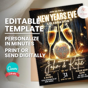 Faire-part du nouvel an, invitation à une fête du nouvel an, modèle numérique modifiable, invitation postale sans papier, carte Flyer imprimable, téléchargement immédiat