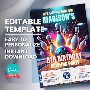 Invito di compleanno a tema bowling, invito per biglietti per feste di bowling, modello digitale modificabile per qualsiasi età, download immediato, biglietto per festa di compleanno stampabile