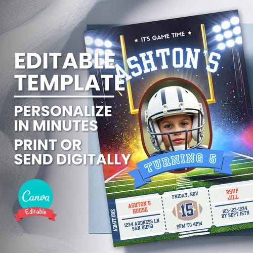 Invitación con foto de cumpleaños de fútbol, invitación para fiesta con entradas de fútbol, plantilla digital editable, tarjeta imprimible, Evite móvil, descarga instantánea