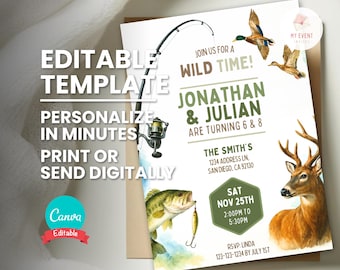 Convite de aniversário para caça e pesca, convite para festa conjunta ao ar livre, modelo editável, convite digital, cartão de aniversário para imprimir, download instantâneo