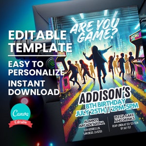 Arcade-Geburtstagsfeier einladen für Teen Video Arcade-Geburtstag, Neon Game Arena-Einladung, Fun Center, Gaming Lounge bearbeitbare digitale Vorlage