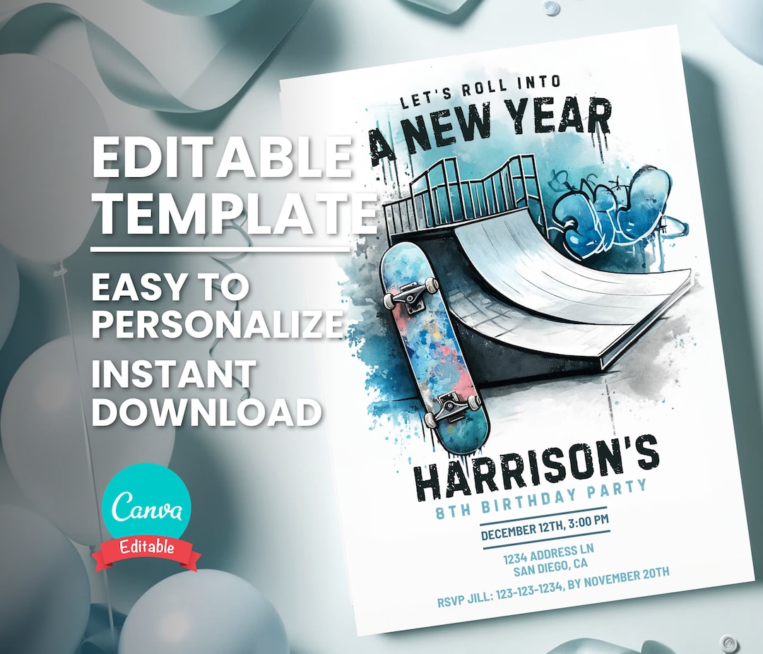 Skateboard Birthday Invitation, Teen Skating Event or Skatepark Party ...