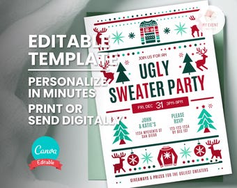 May include: A white and red Christmas party invitation with a green and red sweater design. The invitation reads "Join us for an Ugly Sweater Party" with the date and time of the party. The invitation also includes the address and RSVP information.