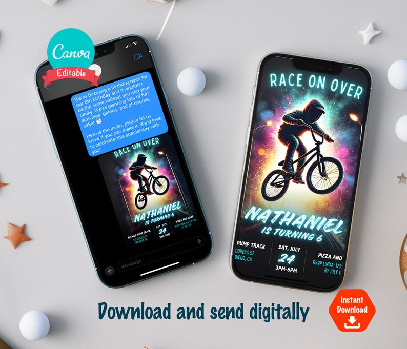 May include: A digital birthday invitation with a neon blue and purple galaxy background. The invitation features a silhouette of a person riding a BMX bike. The text "Race On Over" is in neon blue and the text "Nathaniel is turning 6" is in white. The invitation includes details for the event, including the date, time, and location.
