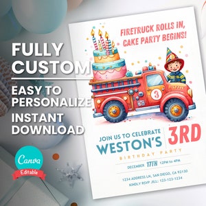 Invito di compleanno per bambini a tema camion dei pompieri Invito personalizzabile per la festa di compleanno dei pompieri per bambini Invito di compleanno a tema camion dei pompieri per bambini