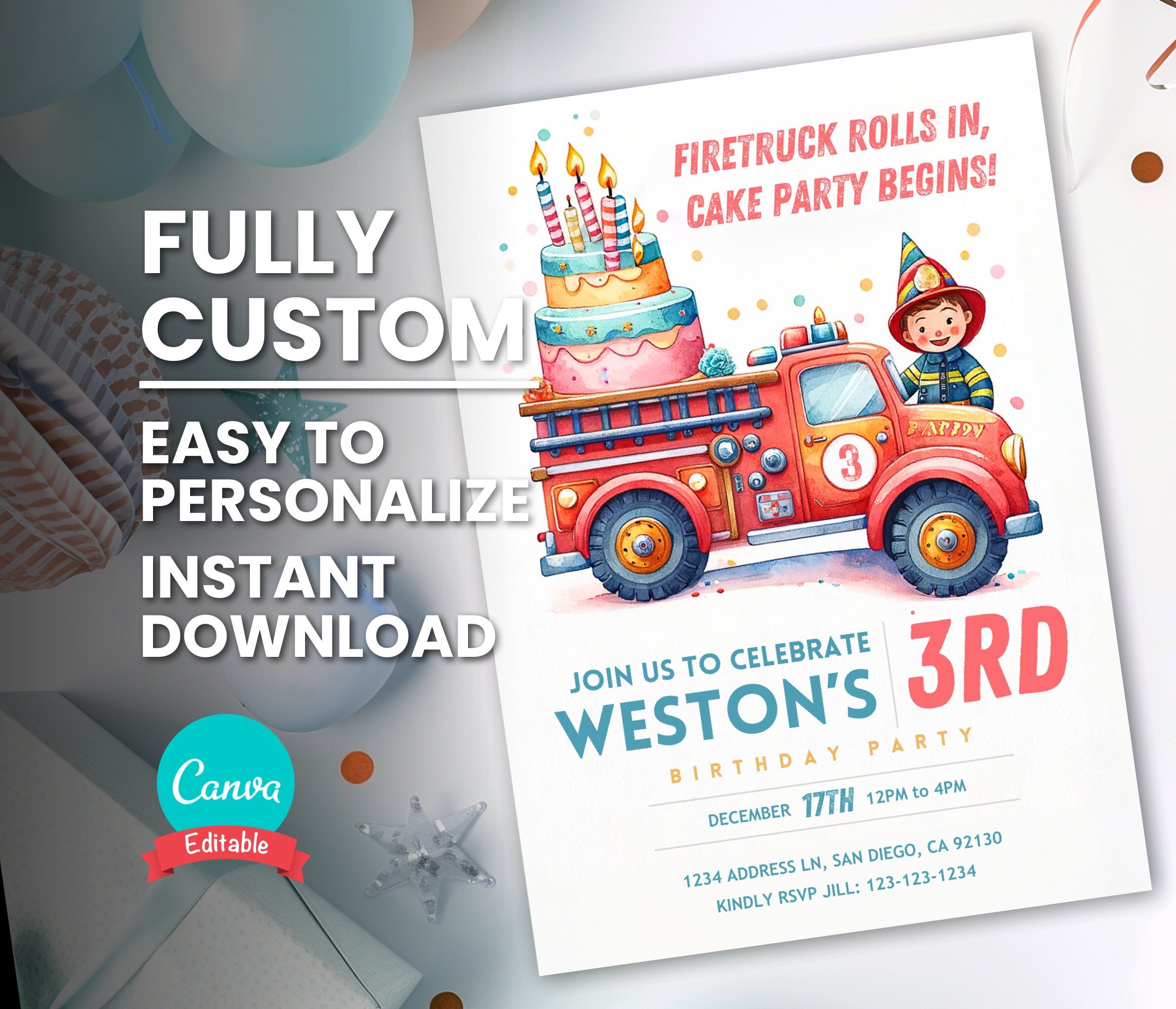 Fire Engine Birthday Invitation for Kids Personalizable Fireman ...