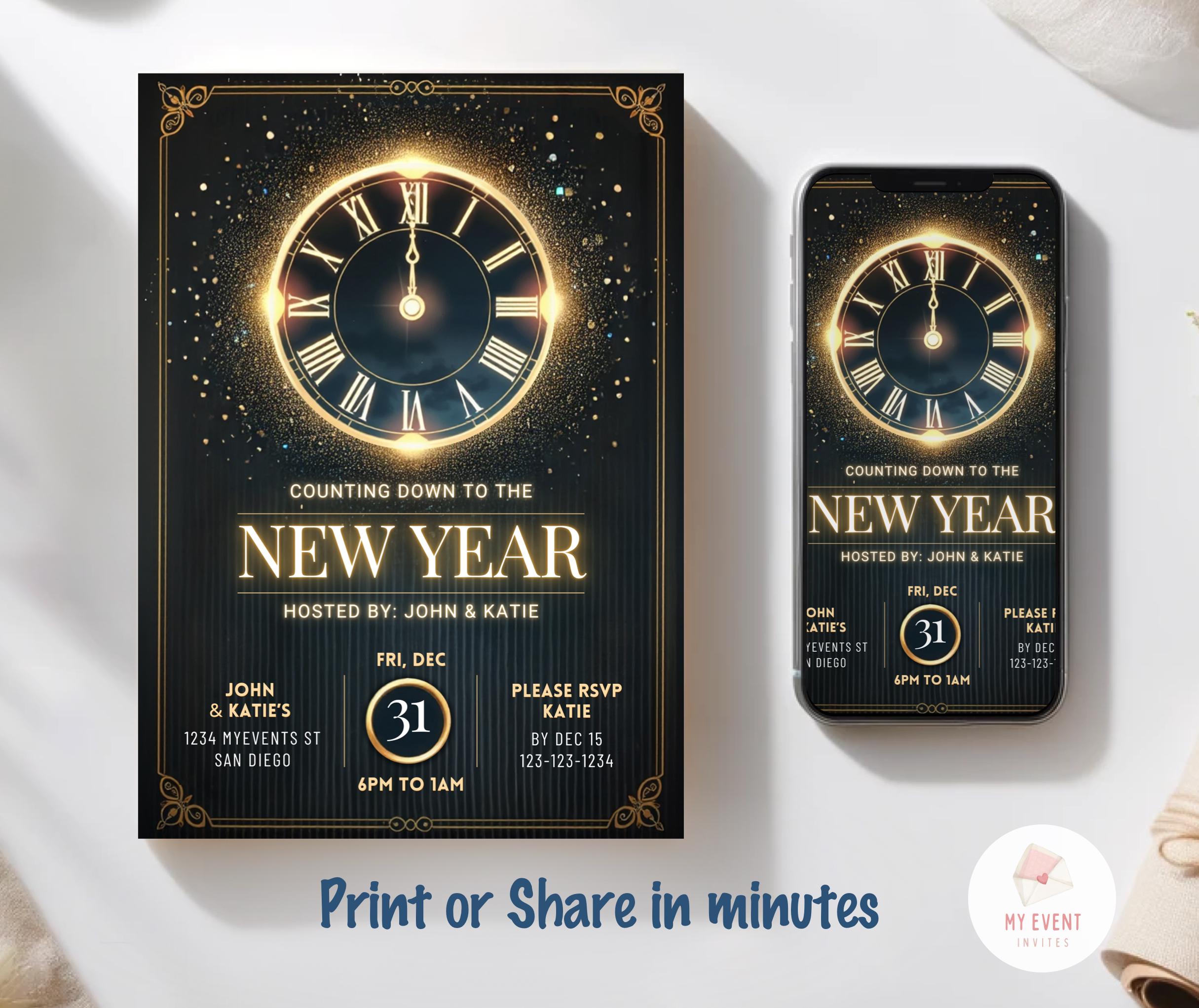 New Year Countdown Invitation, New Year Eve Party Invite, Editable ...