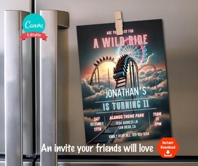 Roller Coaster Invite for Amusement Park Birthday Party Invitation ...