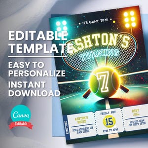 Tennis-Geburtstagseinladung, jedes Alter, bearbeitbare Tennis Ticket-Bday-Party, druckbare digitale Vorlage, mobile Einladungskarte, Sofort-Download