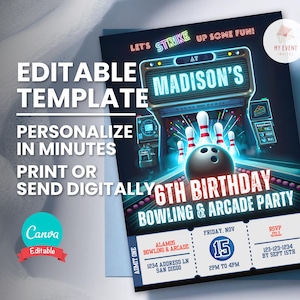 Neon Arcade & Bowling Geburtstagseinladung, Bday Party Ticket einladen, jedes Alter bearbeitbare digitale Vorlage, druckbare Karte, sofortiger Download