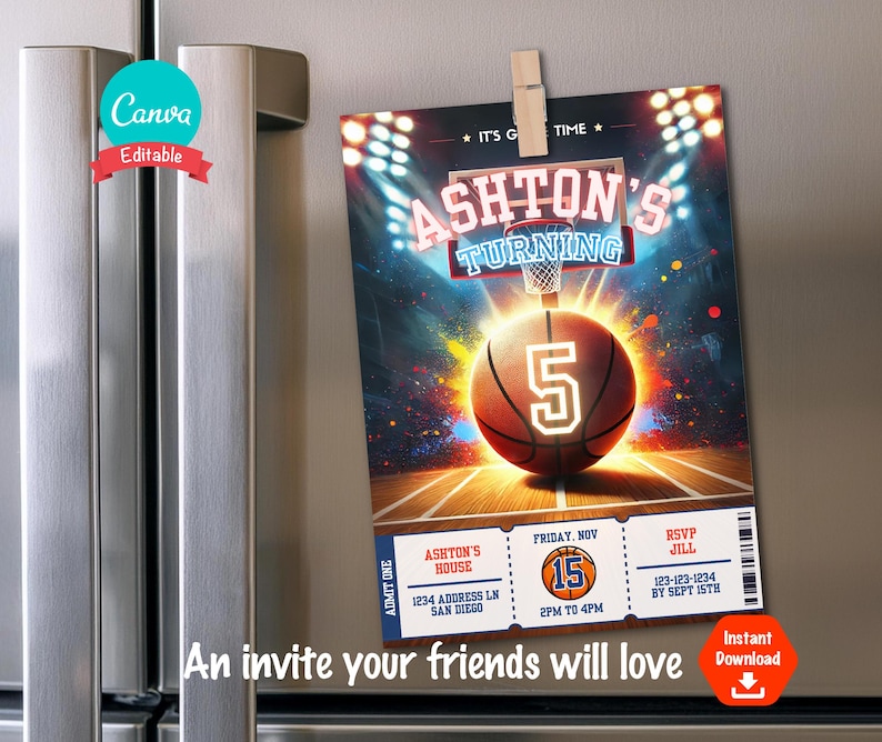 Puede incluir: Una invitaci&oacute;n a una fiesta de cumplea&ntilde;os con tem&aacute;tica de baloncesto con un gr&aacute;fico de baloncesto y el texto "Ashon's Turning 5". La invitaci&oacute;n incluye detalles como la fecha, la hora y la informaci&oacute;n de RSVP.