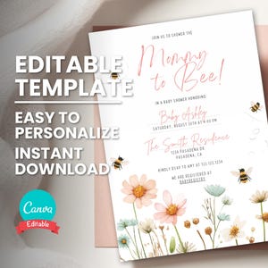 Invitación para baby shower, invitación de mamá a abeja, invitación para fiesta de flores silvestres, plantilla editable, tarjeta imprimible, invitación digital sin papel, descarga instantánea