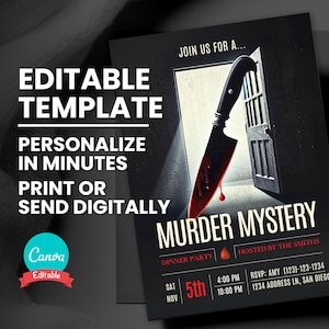 Murder Mystery Einladung, Clue Game Dinner Party einladen, bearbeitbare Vorlage, druckbare Karte, digitale elektronische Evite, Sofort Download