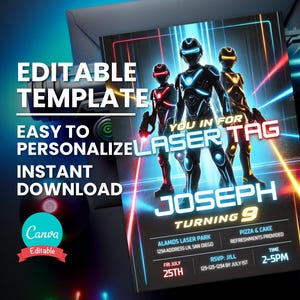Laser Tag Geburtstagseinladung, jedes Alter, Neon Laser Tag Party einladen, bearbeitbare digitale Vorlage, sofortiger Download, druckbare Geburtstagskarte