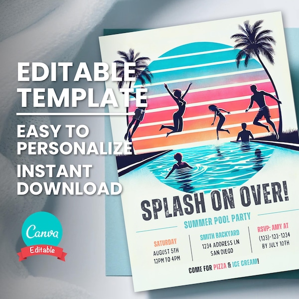 Invitación a fiesta retro en la piscina para fiesta de verano en la piscina o fiesta de cumpleaños de natación, plantilla digital de volante para fiesta en la piscina comunitaria o en el patio trasero
