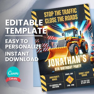 Invitación de cumpleaños de construcción, invitación de cumpleaños de vehículo de construcción para niños de cualquier edad, plantilla digital editable, tarjeta imprimible, descarga instantánea