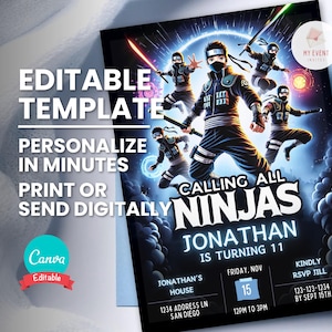 Convite de aniversário ninja, festa de aniversário com tema ninja, qualquer idade, modelo editável personalizado, cartão de convite para impressão, convite digital, download instantâneo