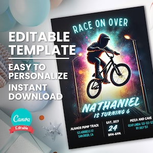 May include: Editable birthday party invitation template featuring a silhouette of a person riding a BMX bike in front of a colorful galaxy background. The text "Race On Over" is in neon pink and blue. The invitation includes the name "Nathaniel", the age "6", the date "Sat, July 24", the time "3PM-6PM", the location "Alamos Pump Track", and the RSVP information.