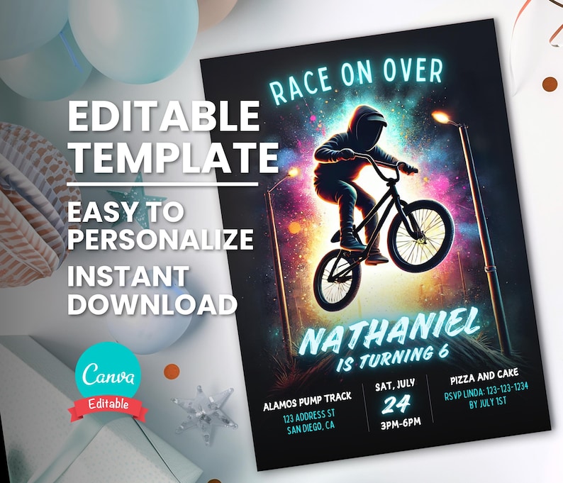 May include: Editable birthday party invitation template featuring a silhouette of a person riding a BMX bike in front of a colorful galaxy background. The text "Race On Over" is in neon pink and blue. The invitation includes the name "Nathaniel", the age "6", the date "Sat, July 24", the time "3PM-6PM", the location "Alamos Pump Track", and the RSVP information.