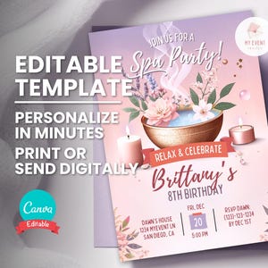 Faire-part d'anniversaire au spa, invitation à une fête au spa, tout âge, modèle modifiable sur le thème de la journée au spa, evite numérique, carte d'anniversaire imprimable, téléchargement immédiat