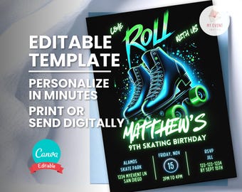 Invitación a fiesta de patinaje sobre ruedas de neón, fiesta de cumpleaños con patines sobre ruedas, plantilla editable, tarjeta de cumpleaños imprimible, invitación electrónica digital de Evite, descarga instantánea