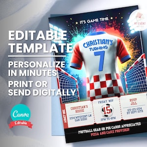 Fußball-Geburtstagseinladung, bearbeitbares Alter Fußball-Trikot, anpassbares Ticket einladen, digitale Vorlage, druckbare Geburtstagskarte, sofortiger Download