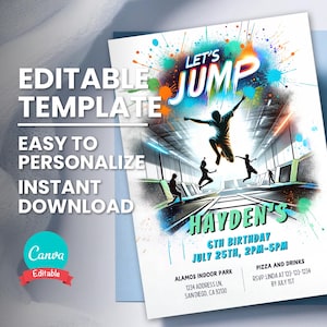 Convite para parque de trampolim, convite para festa de aniversário Let's Jump para qualquer idade, festa de salto para adolescentes para impressão, modelo digital editável, download instantâneo
