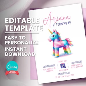 Convite de aniversário de Pinata de unicórnio, festa temática de Piñata de arco-íris de qualquer idade, modelo digital editável, download instantâneo, convite para impressão
