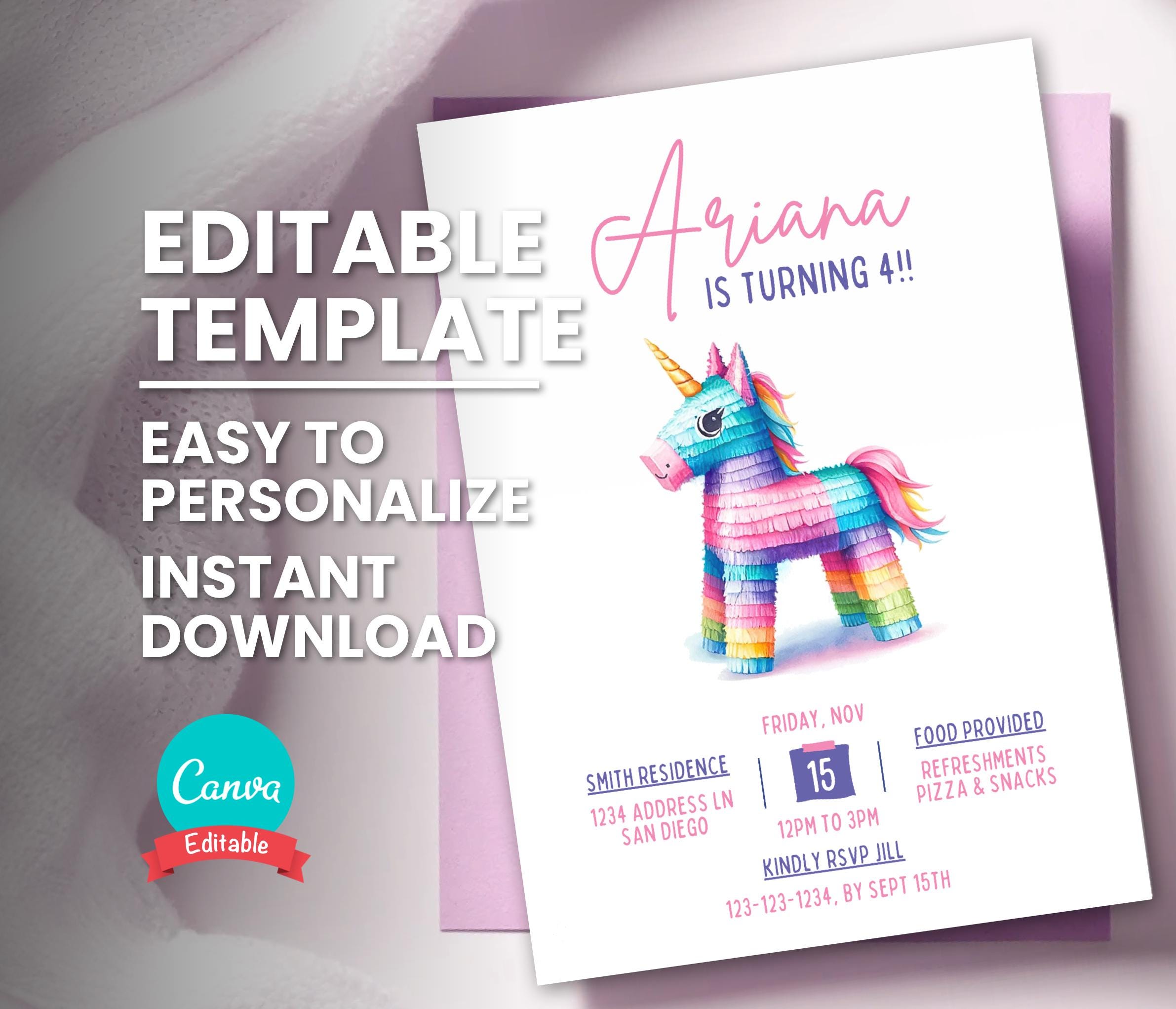 Unicorn Pinata Birthday Invitation, Any Age Girl Rainbow Piñata Theme Party, Editable Digital Template, Instant Download, Printable Invite