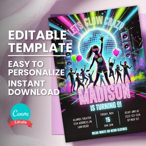 Glow Geburtstagseinladung, Lets Glow Party einladen, jedes Alter, bearbeitbare Vorlage, Sofort-Download, druckbare Neon Glow in the Dark Bday Karte