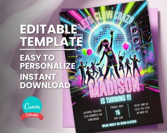 Könnte beinhalten: Editierbare Vorlage für eine Glow-in-the-Dark-Geburtstagseinladung. Die Einladung zeigt eine Discokugel, Neonlichter und den Text "Let's Glow Crazy". Der Text "Madison wird 9!" ist ebenfalls enthalten. Die Einladung ist anpassbar mit den Partydetails wie Datum, Uhrzeit, Ort und RSVP-Informationen.