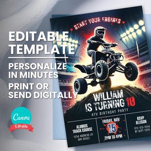 Faire-part d'anniversaire VTT, invitation à une fête en quad, modèle modifiable avec tout le texte, carte d'anniversaire imprimable, texte numérique Evite, téléchargement immédiat