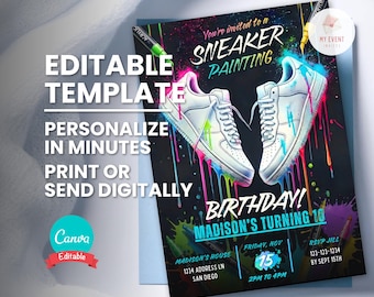 Sneaker Coloring Party Invite, Neon Birthday Paint Party, Editable Template, Digital Invitation, Instant Download