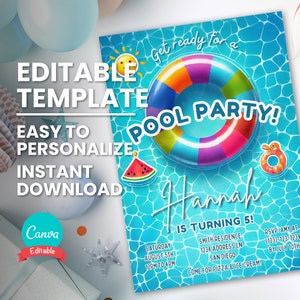 Pool Party Invite for Swimming Pool Birthday Party Invitation, Summer Splash Party Flyer, Instant Download, Printable Digital Template