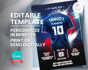 Soccer Birthday Invitation, Editable Blue Jersey Party Invite, Printable Kids Sports Template, Personalize Name Age Number, Instant Download