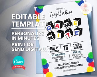 Game Night Invitation, Board Game Party Invite, Editable Template, Printable Flyer, Instant Download