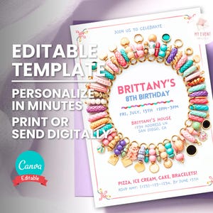 Faire-part de fête artisanal, bracelet de l'amitié, fête d'anniversaire sur le thème de bijoux, fabrication de perles, modèle modifiable, invitation numérique, carte à imprimer
