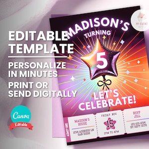 Convite de aniversário de menina, qualquer idade, qualquer tema, modelo digital, convite de festa editável, download instantâneo, cartão de aniversário para impressão, balão de neon