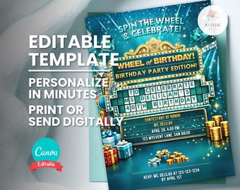 Wheel of Birthday Invite, Game Show Party Invitation, Editable Template, Instant Download