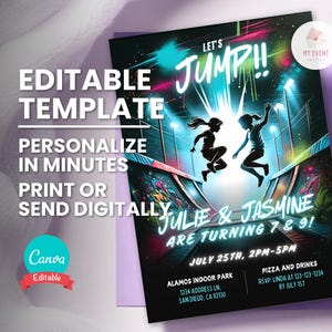 Invitation de fête de trampoline de fille pour un anniversaire commun ou une double fête d'anniversaire, invitation de partie de saut, anniversaire de parc de parkour d'ado, laisse la partie de saut