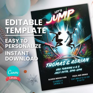 Trampolineparkfeestje uitnodigen voor gezamenlijke verjaardag of dubbele verjaardagsfeestje, uitnodiging voor tienerjumpfeestje, tienerparkourverjaardag, Lets Jump Party
